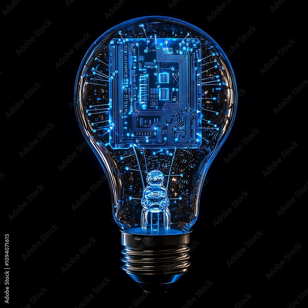 Poster a futuristic light bulb design featuring an illuminated circuit board inside, symbolizing the fusion