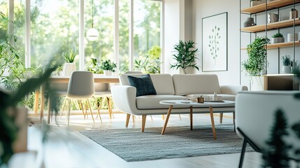 Fototapeta premium A living room with a white couch, a coffee table, and a few potted plants