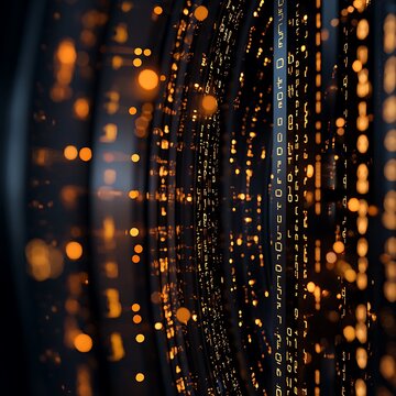 A futuristic abstract representation of digital data streams, showcasing glowing binary code and particles in a dark environment.