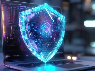 A glowing digital shield appears on a laptop screen, symbolizing cybersecurity and protection against online threats in a high-tech environment.
