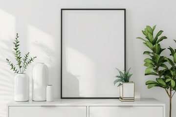A white framed picture sits on a white dresser