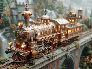 Steampunk Model Train on a Bridge - Detailed Vintage Locomotive