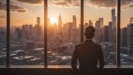Fototapeta premium A Professional Gazing Out the Office Window at Sunset with the City Skyline Blurred in the Background, Ideal for Business, Corporate, and Motivational Theme