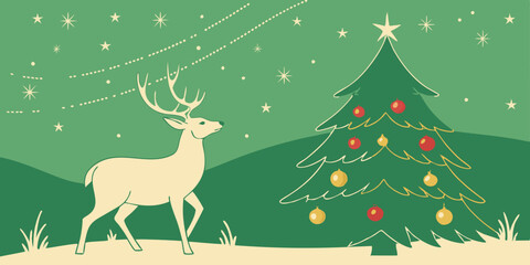 Naklejka premium Christmas card background - Christmas tree, deer, Christmas balls and golden decorations on green background with shining lights - vector xmas illustration 