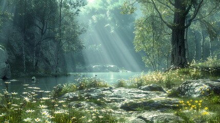 Obraz premium Tranquil Forest River with Sunlight Streaming Through Trees