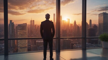 Fototapeta premium person at sunset, A Professional Gazing Out the Office Window at Sunset with the City Skyline Blurred in the Background, Ideal for Business, Corporate, and Motivational Theme