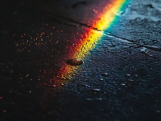 A vibrant rainbow reflection on a wet surface creates a stunning contrast of colors against a dark background.