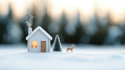 Naklejka premium A cozy miniature house in the snow, complete with smoke from the chimney and a deer nearby, set against a softly blurred winter backdrop.
