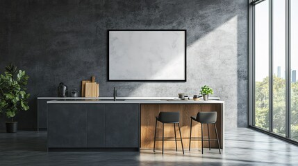 A kitchen with a large white wall and a black countertop