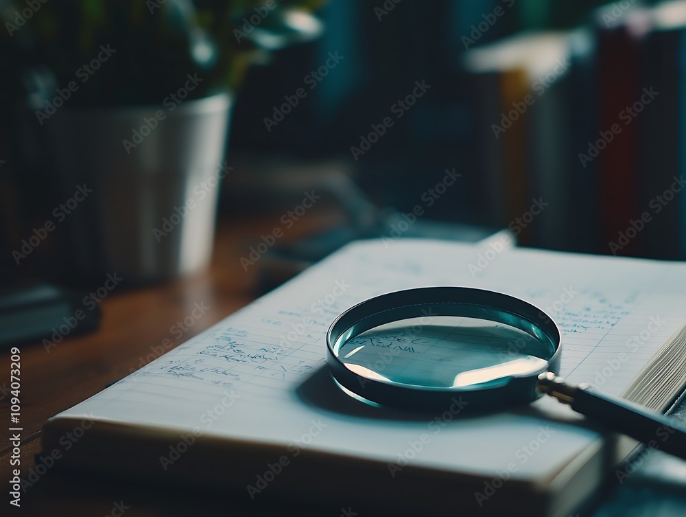 Poster a magnifying glass rests on an open notebook, surrounded by books and a potted plant, creating a ser