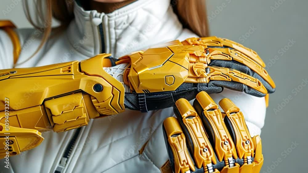 Aufkleber A person is demonstrating a cutting-edge robotic arm while dressed in a modern white suit. The futuristic design highlights the integration of technology into everyday life.