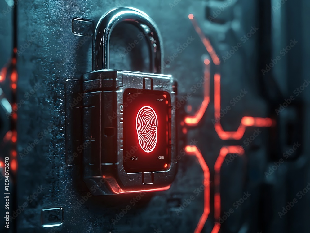 Poster a futuristic padlock with a glowing fingerprint sensor, mounted on a dark metallic surface, symboliz