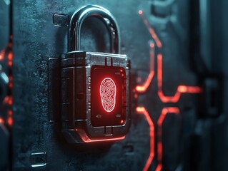 A futuristic padlock with a glowing fingerprint sensor, mounted on a dark metallic surface, symbolizes security and biometric authentication.