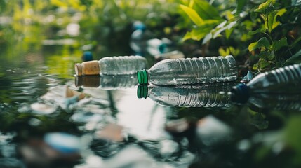 13.Close-up of plastic bottles and other trash floating in a pond, their reflection visible in the still water. The debris clutters the surface, illustrating the issue of pollution and its impact on