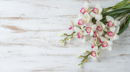 Serene white and pink orchids on rustic wood evoke peace and tranquility