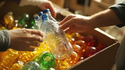 19.A detailed shot of hands putting a plastic bottle into a box for recycling, with the focus on proper waste assortment for sustainability. The scene reflects the commitment to recycling and