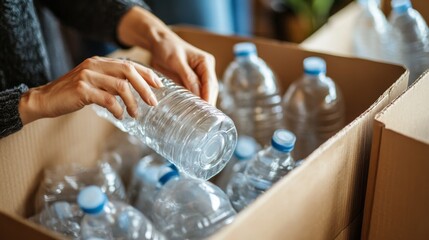 19.A detailed shot of hands putting a plastic bottle into a box for recycling, with the focus on proper waste assortment for sustainability. The scene reflects the commitment to recycling and