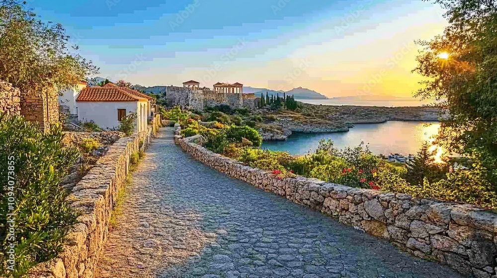 Wall mural Rhodes, Greece. Lindos small whitewashed village and the Acropolis, scenery of Rhodos Island at Aegean Sea. 