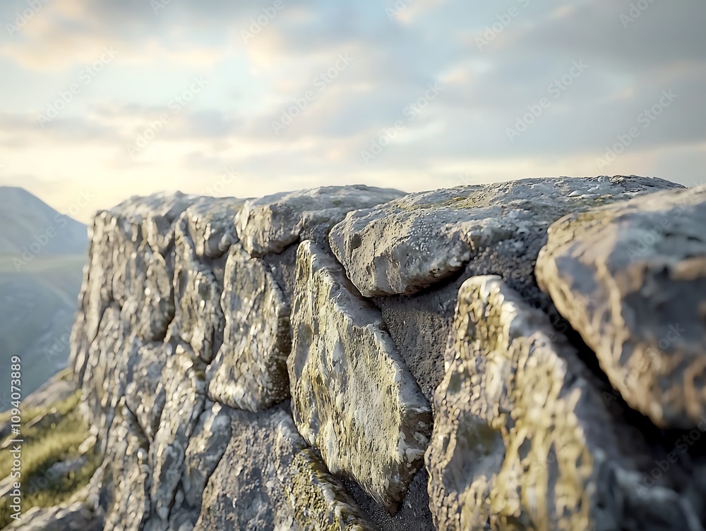Poster a close-up view of a stone wall, showcasing textured rocks with a scenic background of soft clouds a