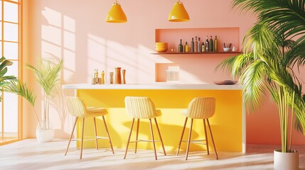 Obraz premium A bright yellow kitchen with a counter and three yellow chairs