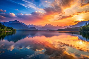 Fototapeta premium Tranquil Sunset Over a Serene Lake and Majestic Mountains with Stunning Reflections, Perfect for Minimalist Photography Lovers and Landscape Art Enthusiasts