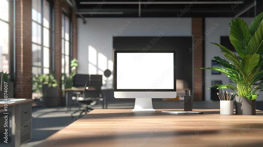 Poster a computer monitor sits on a desk in a room with a large window