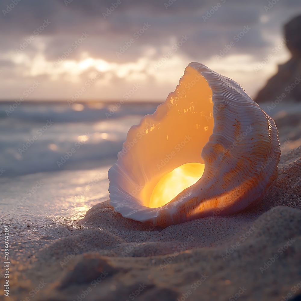 Poster a seashell glows softly on the sandy beach, illuminated from within, against a backdrop of waves and