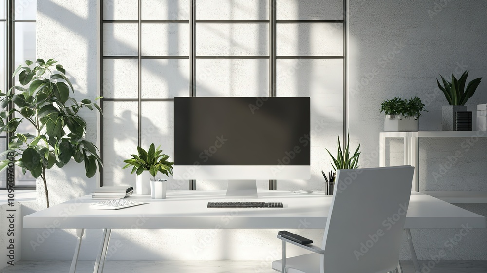 Poster a computer monitor sits on a desk in a room with a window