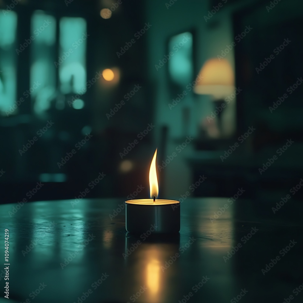 Poster a flickering candle flame on a table in a softly lit room, creating a warm and tranquil atmosphere.