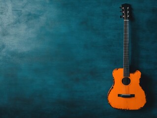 Vibrant Orange Acoustic Guitar Against Textured Blue Background Perfect for Music, Art and Creative...