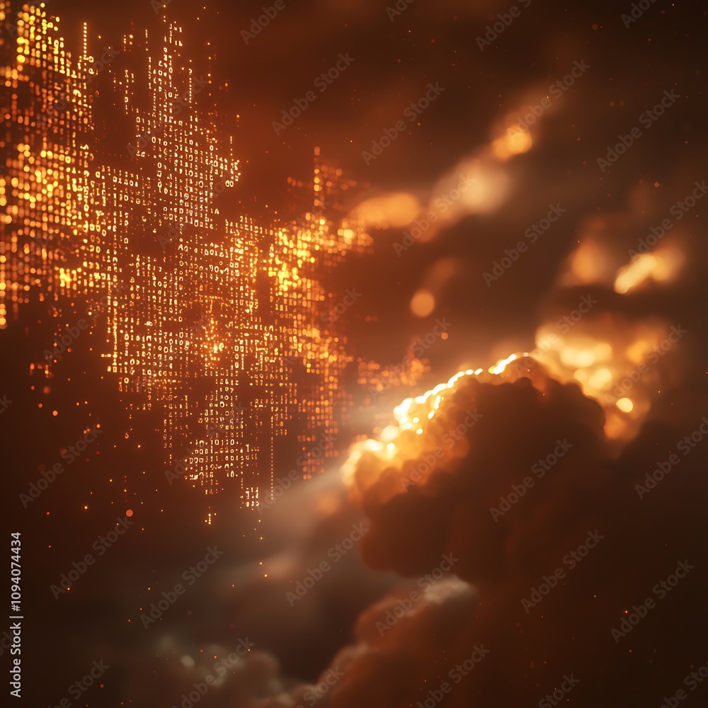 Poster a captivating blend of glowing clouds and digital patterns, creating an ethereal atmosphere reminisc