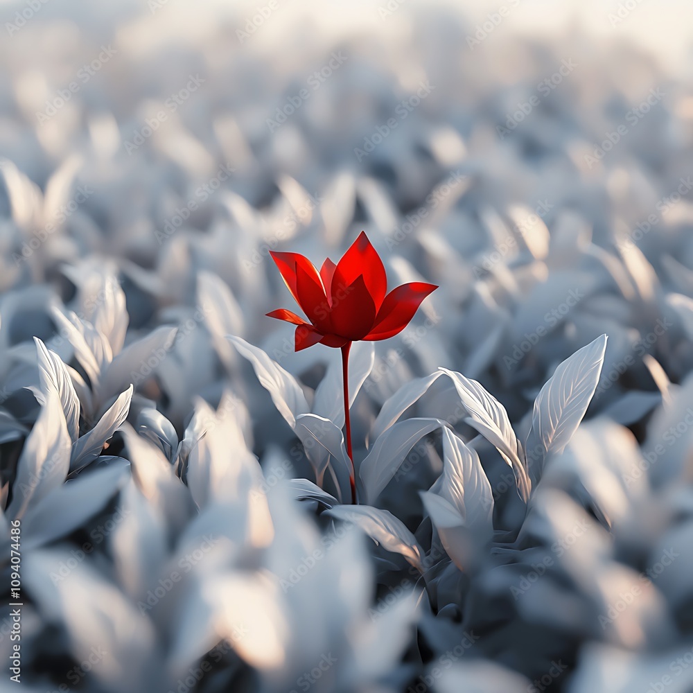 Poster A striking red flower stands out amidst a field of muted gray foliage, creating a captivating contrast in color and texture.