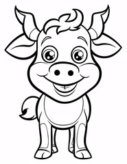 A playful coloring page designed for kids, featuring a cute and cheerful cow with big eyes and a friendly smile.

