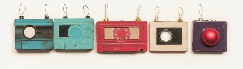 Vintage Retro Audio Devices Displayed in a Row with Colorful Designs, Unique Shapes, and Distinct Features for Nostalgic Vibes and Artistic Touch