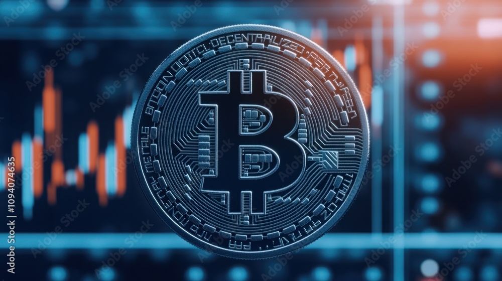 Aufkleber close-up of bitcoin cryptocurrency coin with digital background representing blockchain technology a