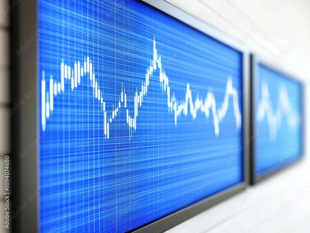 Poster abstract display of financial graphs on digital screens illustrating market trends and data analysis
