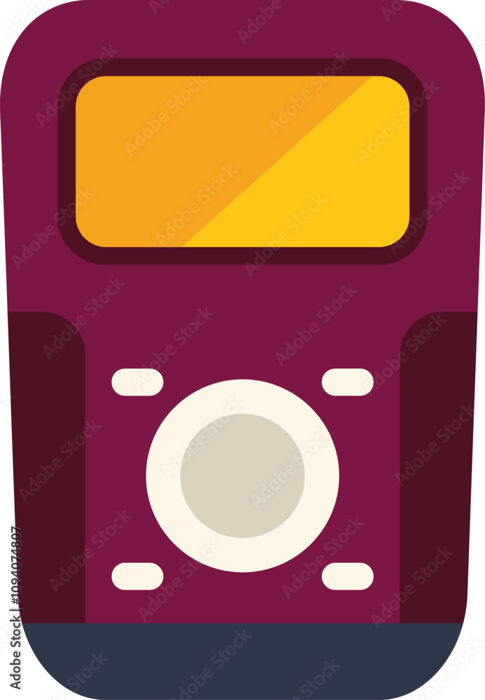 Poster portable music player with a screen displaying the audio track currently playing