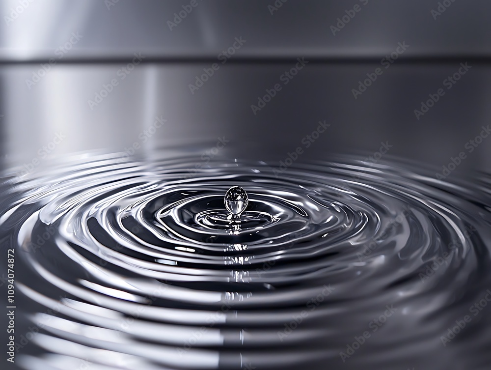 Poster a close-up of water ripples with a single droplet creating concentric circles on a reflective surfac