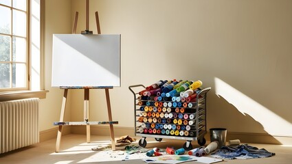Mixed paints, blank postcards, art tools, warm desk lamp, creative workspace, artistic setup, vibrant tabletop, crafting essentials, painting supplies, art studio lighting.
