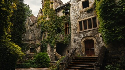 Majestic Old Stone Castle with Lush Greenery