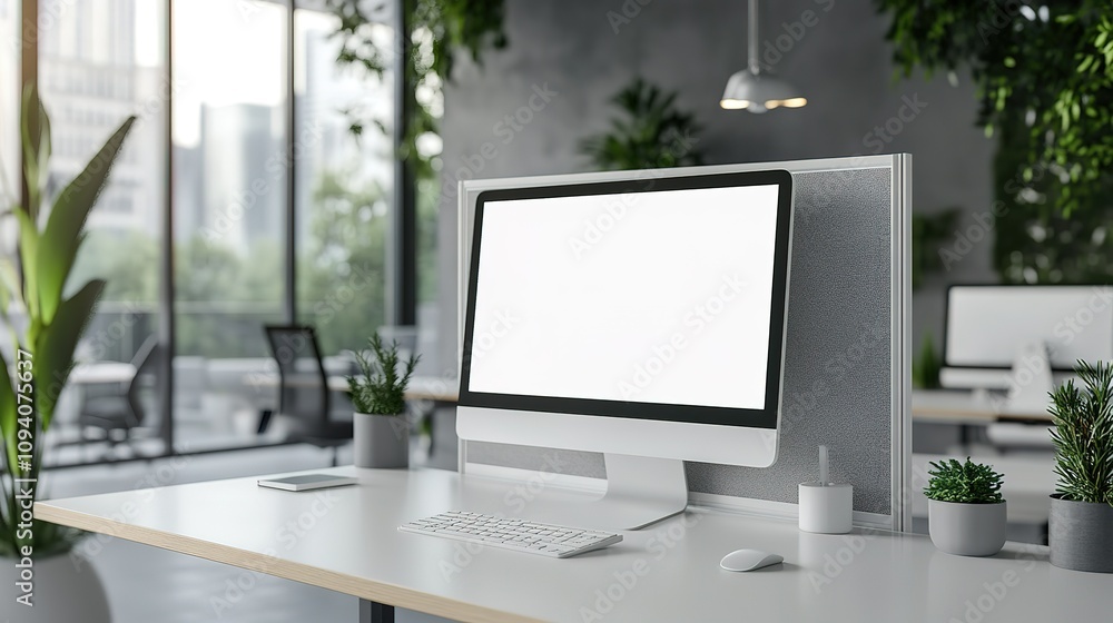 Poster a computer monitor sits on a desk in a room with a potted plant and a keyboard