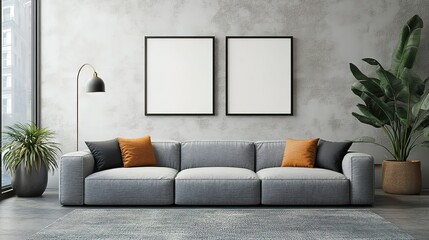 A large grey couch with two empty frames on either side of it