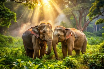 Fototapeta premium Two Majestic Sri Lankan Elephants Playing in a Lush Green Forest Setting with a Gentle Breeze, Capturing Their Natural Behavior and Bonding Moments in High Depth of Field