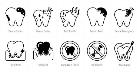 Fototapeta premium A set of 10 dental care icons as dental caries, bad breath, broken tooth