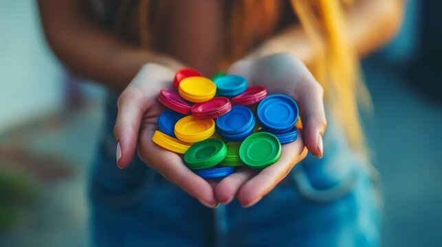 68.A hand full of plastic bottle caps, held up by a woman preparing to recycle them. The caps&acirc;&euro;&trade; bright colors stand out against a blurred background, emphasizing the simple act of recycling to