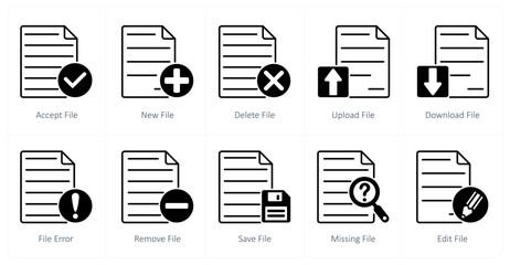 A set of 10 files icons as accept file, new file, delete file