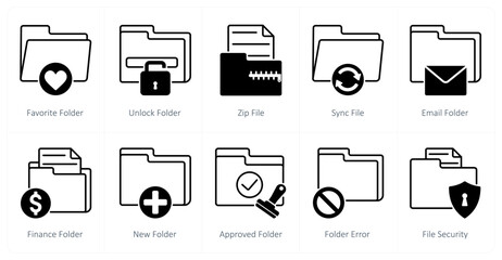 A set of 10 files icons as favorite folder, unlock folder, zip file
