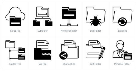 A set of 10 files icons as cloud file, subfolder, network folder