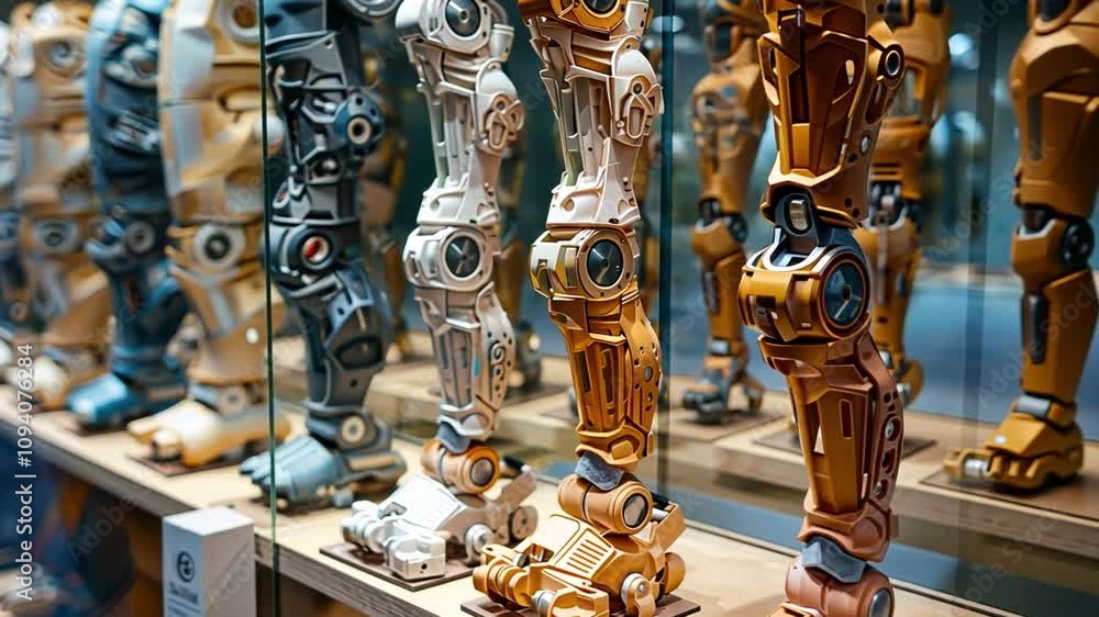 Poster a row of elaborately crafted robotic legs is showcased at a technology exhibition, highlighting the 