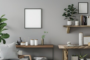 A living room with a white framed picture on the wall